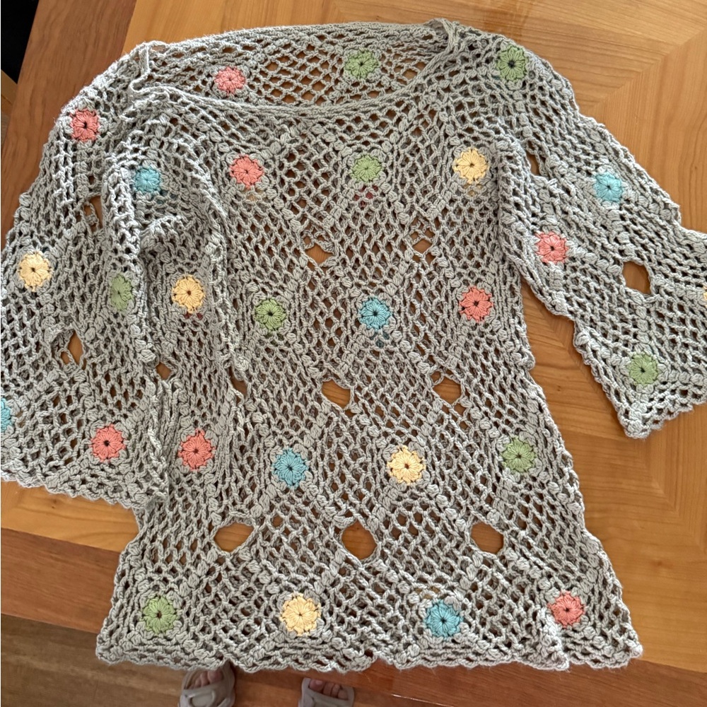 Crochet Knit Sweater with Colorful Accents